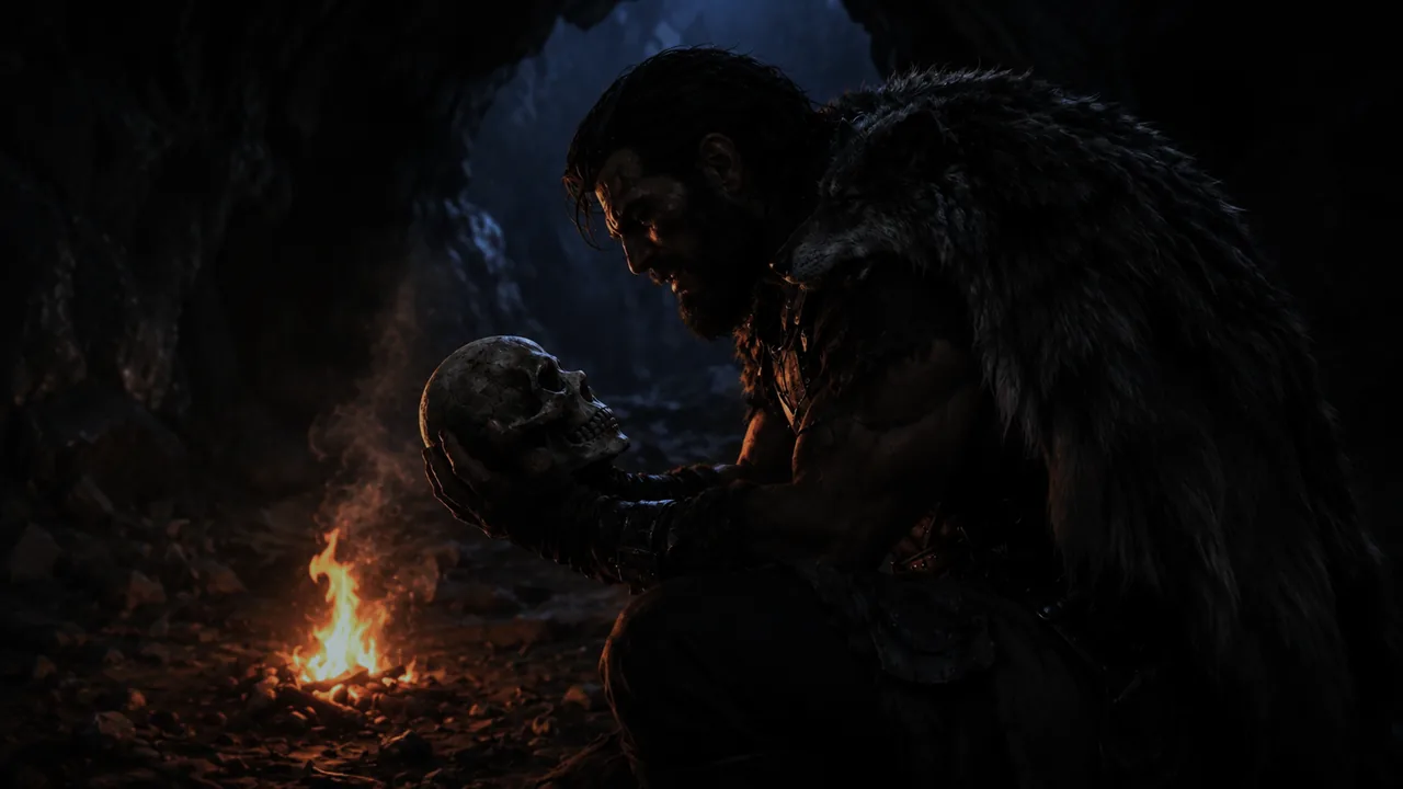 A warrior in fur kneels before a firelight, contemplating a skull in a shadowy cave