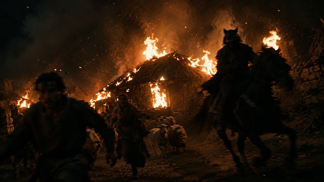 A masked rider on horseback charges through a burning village as people flee with their livestock
