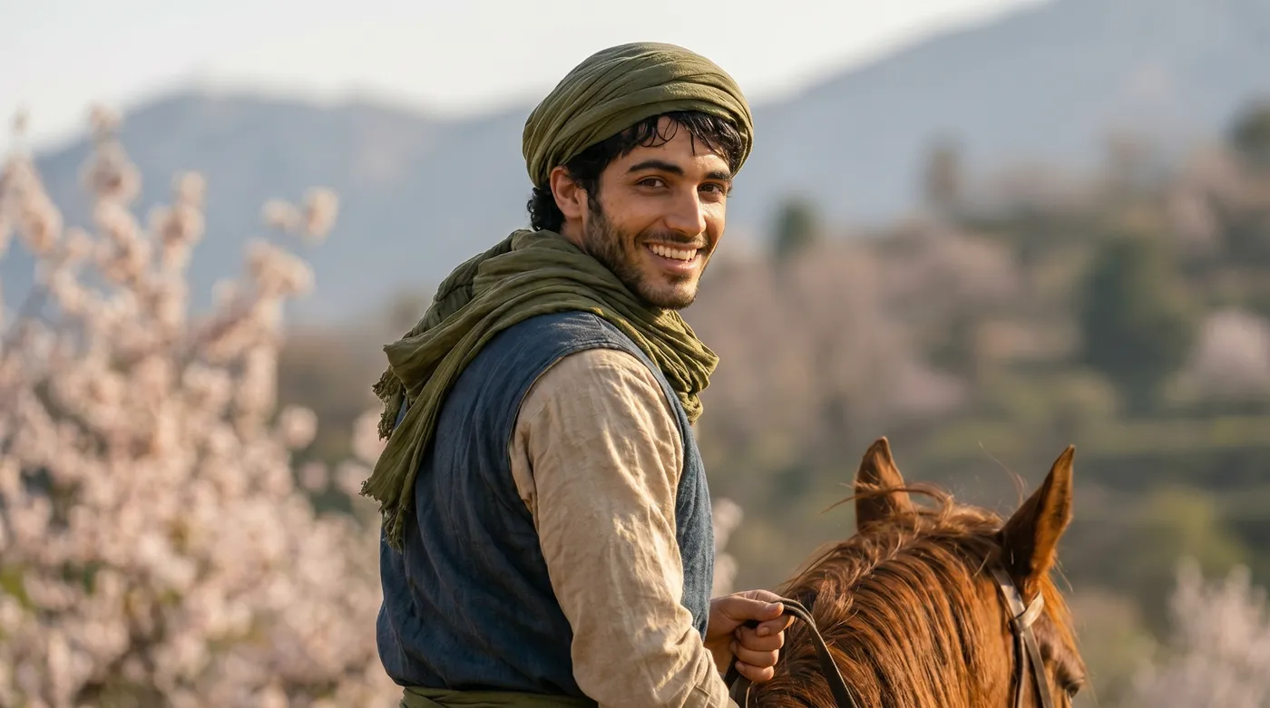 Ahmed smiling from horseback in the blossom-covered valley