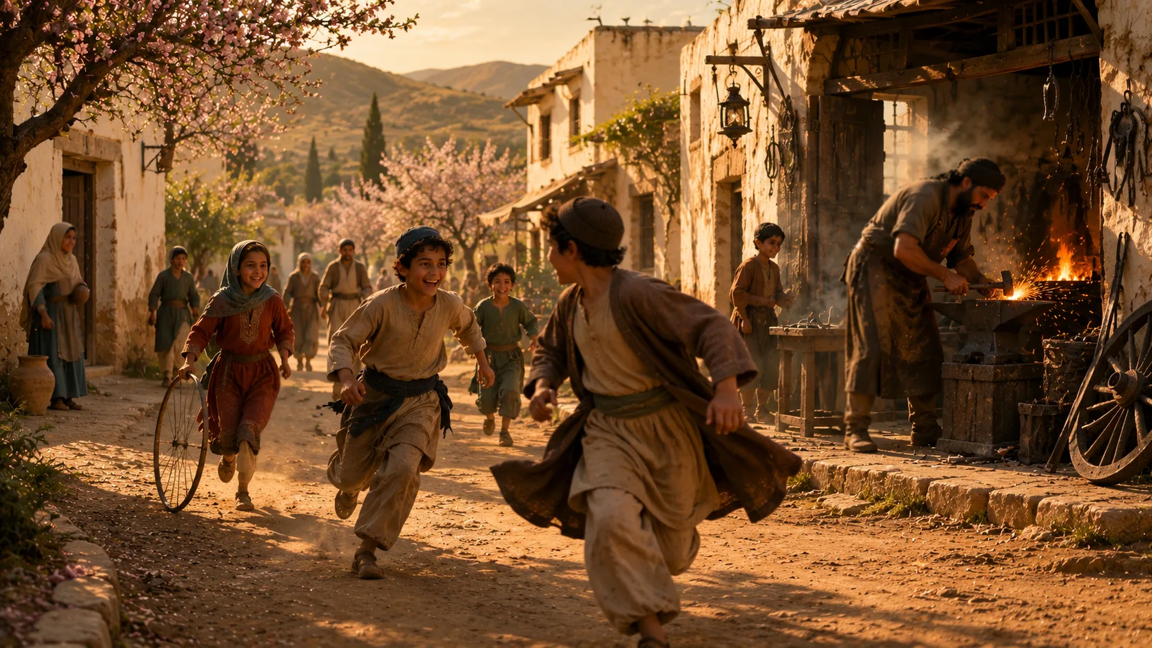 Village children running and playing in the street as a blacksmith works at his forge