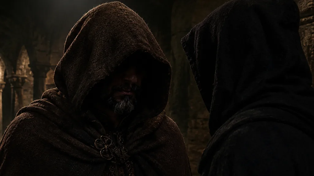 Two hooded figures conferring in the shadows of an underground cistern