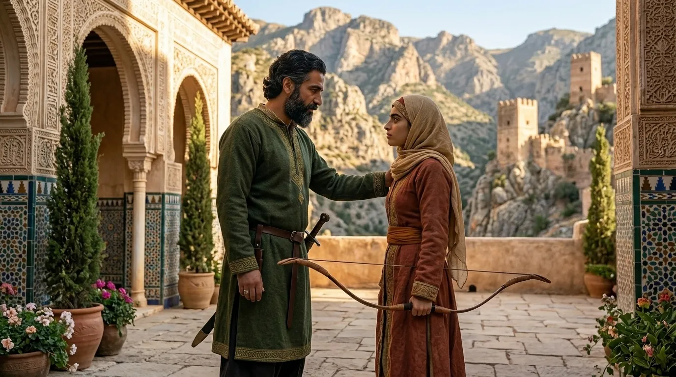 A father resting his hand on his daughter's shoulder before the mountains of Al-Andalus
