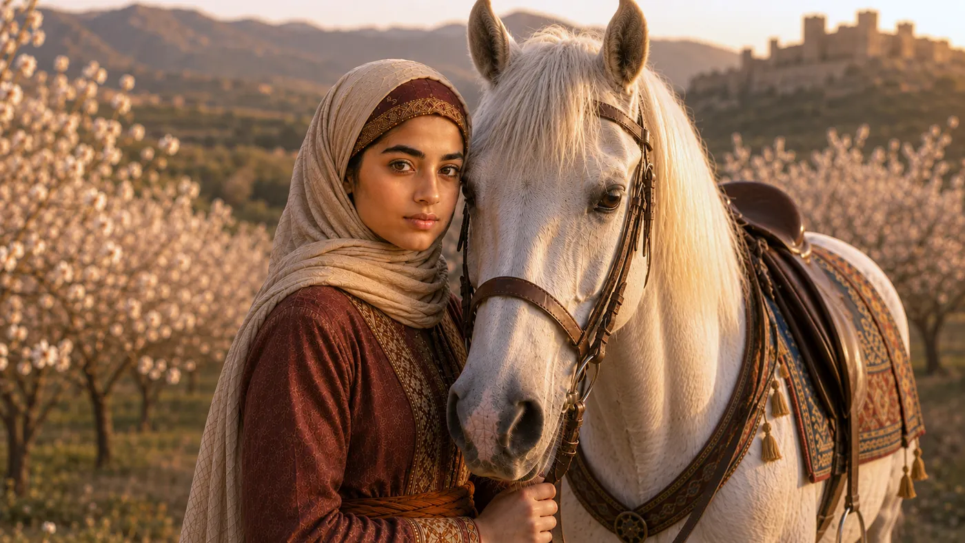 Amina beside her white horse in the blossom-covered valley