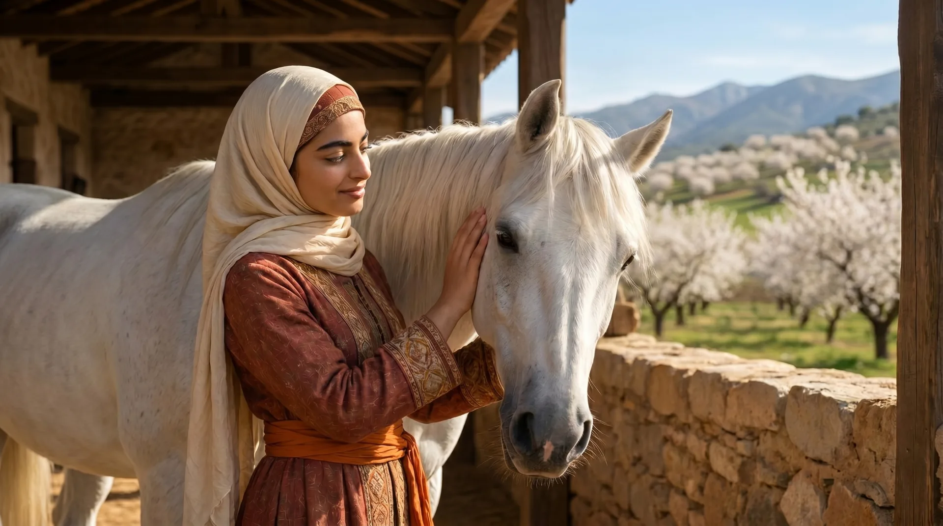 Amina tending to her white mare Najma in the palace garden