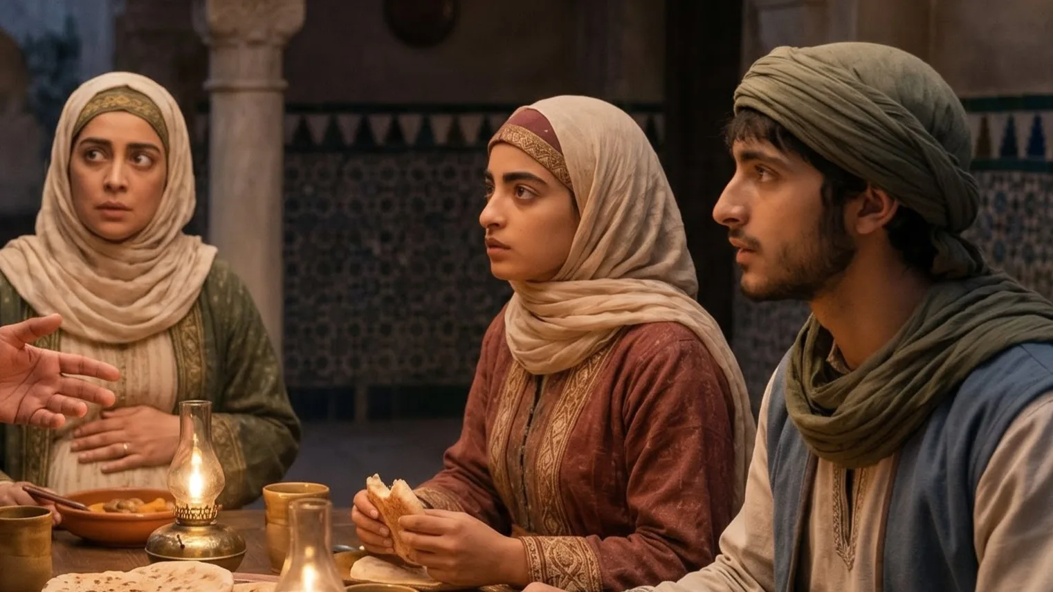 Amina and her family gathered in conversation at the evening meal