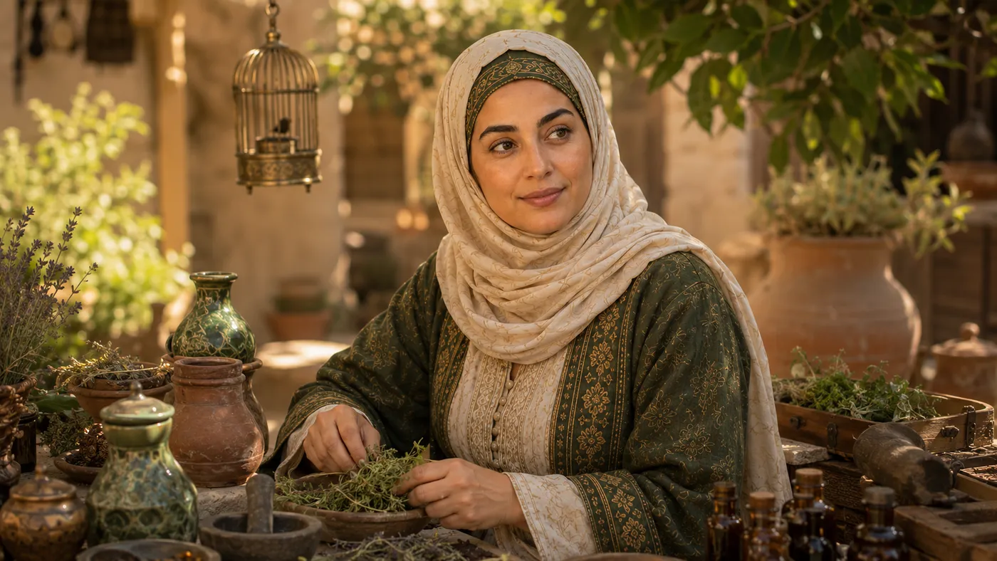 Fatima seated among herbs, vessels, and remedies in her courtyard garden