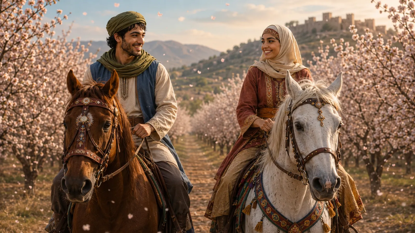 Amina and Ahmed riding side by side through the blossom-covered valley