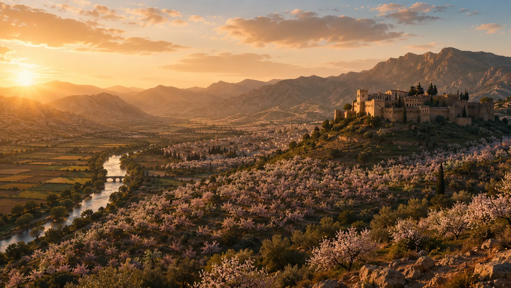An almond-blossom valley and frontier fortress in the Sierra Morena