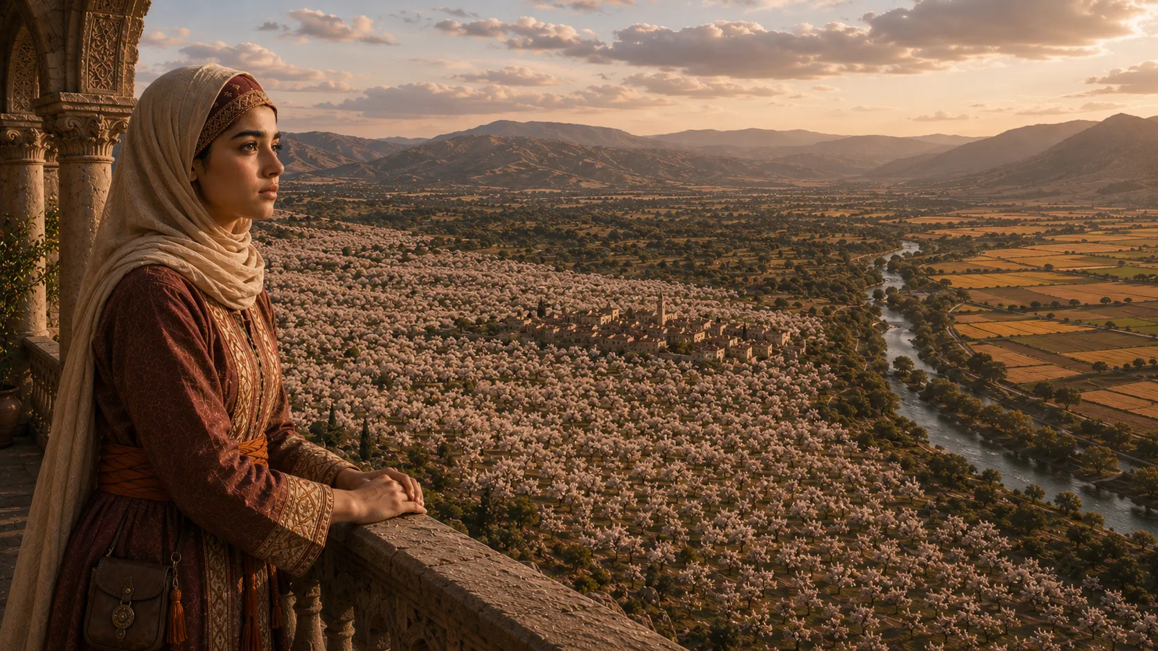 Amina overlooking the almond-blossom valley at sunset
