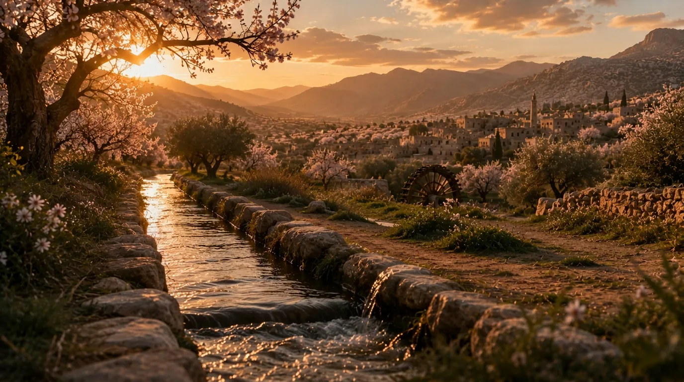 An almond-blossom valley at sunset with a water channel winding toward a hillside village